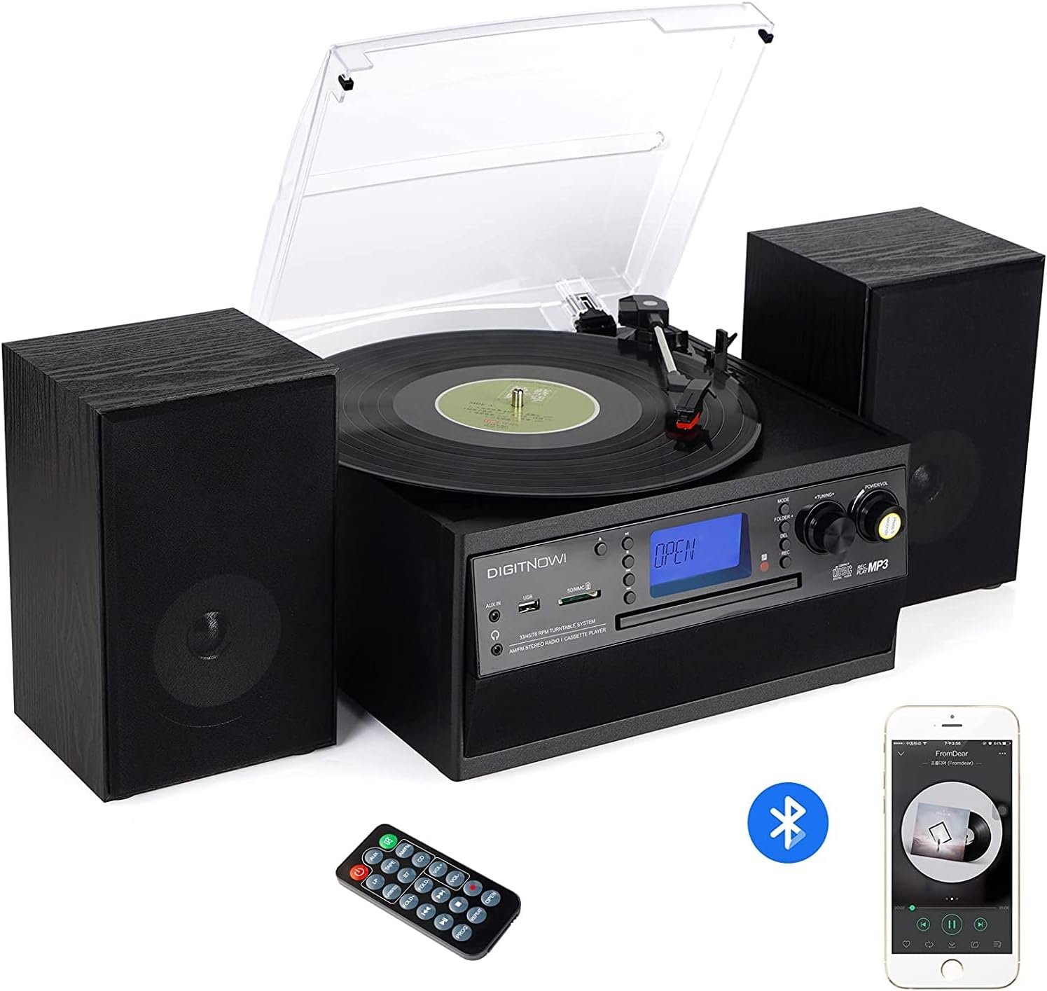 DIGITNOW Bluetooth Record Player Turntable with Stereo Speaker, LP Vinyl to MP3 Converter with CD, Cassette, Radio, Aux in and USB/SD Encoding, Remote Control, Audio Music Player Built in Amplifier - Image 9