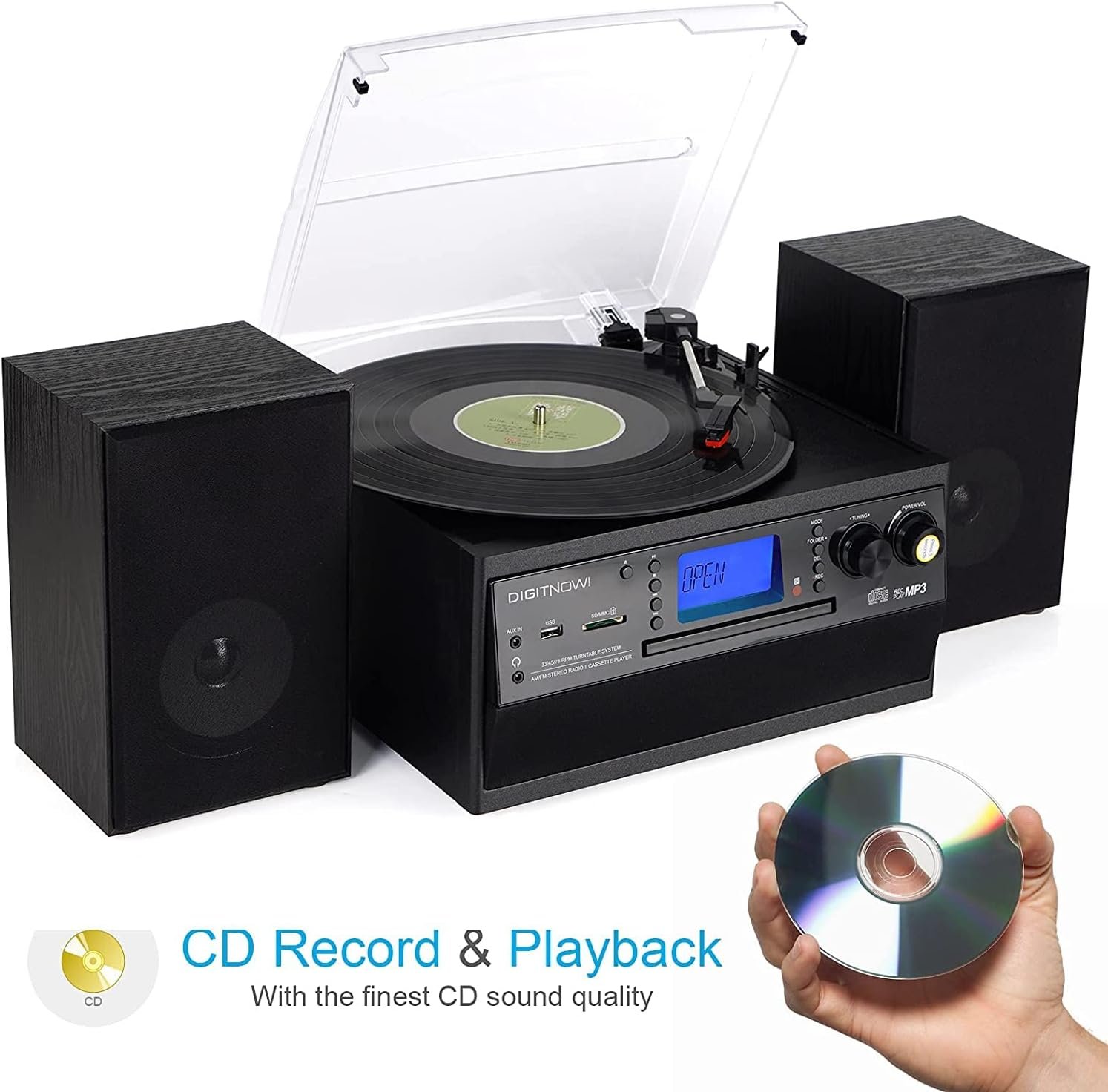 DIGITNOW Bluetooth Record Player Turntable with Stereo Speaker, LP Vinyl to MP3 Converter with CD, Cassette, Radio, Aux in and USB/SD Encoding, Remote Control, Audio Music Player Built in Amplifier - Image 4