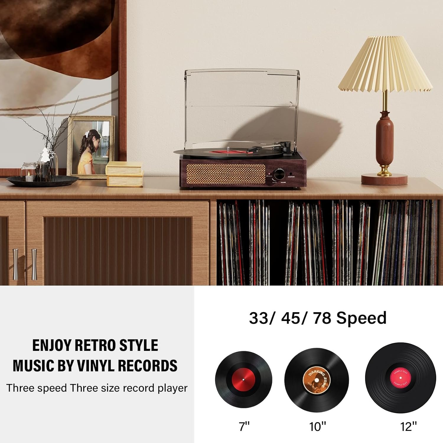 Bluetooth Vinyl Record Player,3-Speed Turntable with Stereo Speakers Vintage Phonograph Record Player, with RCA Line Out AUX in Headphone Jack (Brown) - Image 5